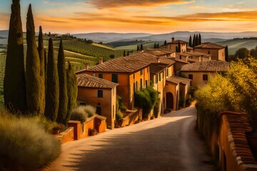 Tuscan road near Siena at sunset, a quaint village on a hillside, the warm hues of the setting sun...