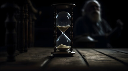 hourglass centered on a wooden table with a blurred background of an elderly man, symbolizing the concept of passing time - obrazy, fototapety, plakaty