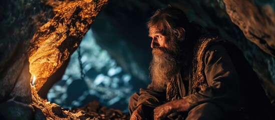 Cave-dwelling man with beard.