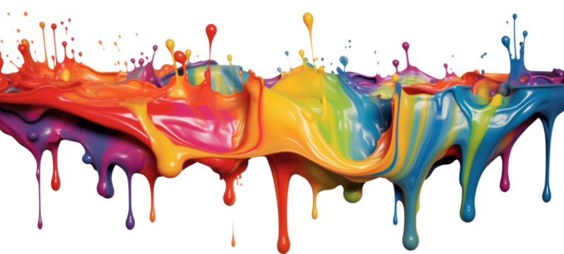 Colorful rainbow color acrylic paint flowing down over white background, dripping colorful liquid on transparent background.