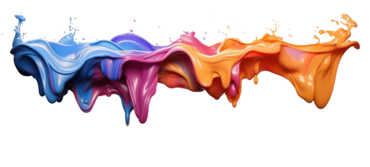 Colorful rainbow color acrylic paint flowing down over white background, dripping colorful liquid on transparent background.