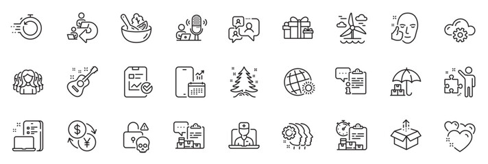 Fototapeta na wymiar Icons pack as Send box, Employees teamwork and Report checklist line icons for app include Inventory report, Telemedicine, Podcast outline thin icon web set. Holiday presents. Vector