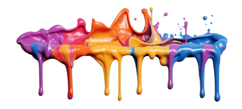 Colorful rainbow color acrylic paint flowing down over white background, dripping colorful liquid on transparent background.