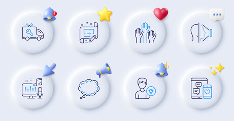 Podcast, Face id and Car service line icons. Buttons with 3d bell, chat speech, cursor. Pack of Social media, Voting hands, Architect plan icon. Comic message, Person idea pictogram. Vector