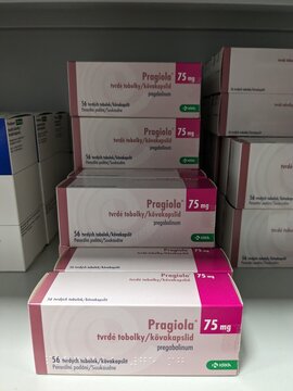 Prague,Czech republic-January 8 2024: box of PRAGIOLA Czech medication with pregabalin active substance made by pharmaceutical company KRKA