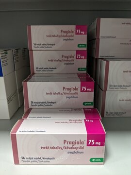 Prague,Czech republic-January 8 2024: box of PRAGIOLA Czech medication with pregabalin active substance made by pharmaceutical company KRKA