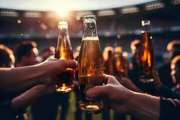 unrecognizable persons of Guys and joy after the soccer game. Joyful group of friends holding in hands bottle with beer, watching soccer and drinking lager. no faces. generative ai
