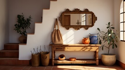 Mediterranean style, Entrance Hall, Coat rack or closet, mirror, console table for keys and mail, decorative items like artwork or plants, Earthy tones, terracotta, white, deep blues, 