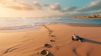 On the golden sand beach, a turtle is walking slowly, leaving a string of clear footprints, beauty light, romanticism, 8K, high detail  - Powered by Adobe