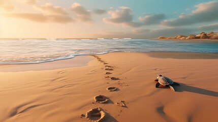 On the golden sand beach, a turtle is walking slowly, leaving a string of clear footprints, beauty light, romanticism, 8K, high detail 