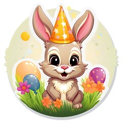 cheerful sticker featuring a cute animal, like a smiling bunny or a playful puppy, for the birthday cards