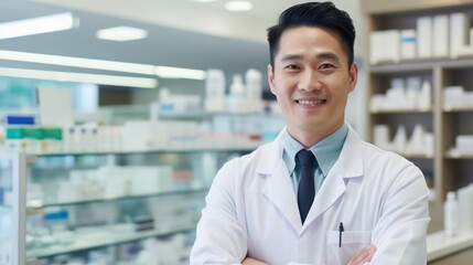 Fototapeta premium Pharmaceutical asian man in a pharmacy behind the counter smiling and looking at camera, medicine boxes unfocused in the background, realistic phography,