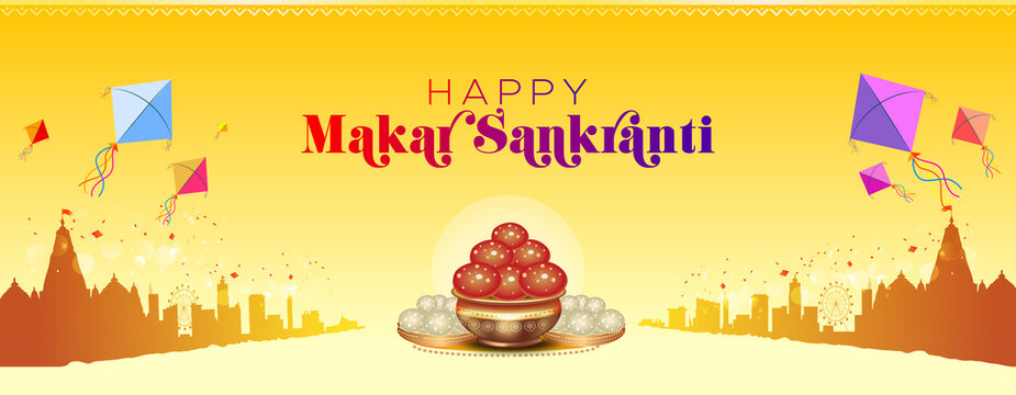 Indian Makar Sankranti Festival. Kite festival city skyline and Shri Rama temple of ayodhya background.