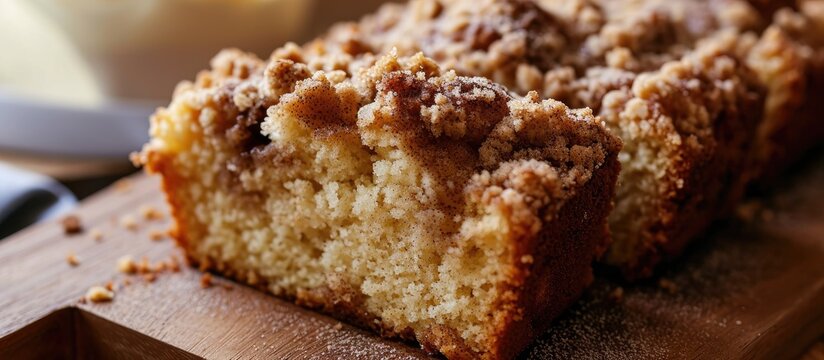Cinnamon coffee cake topped with crumbly streusel.