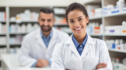 Professional pharmacist serving a customer behind the counter in a pharmacy - obrazy, fototapety, plakaty