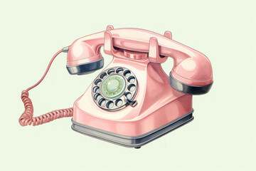 old pink corded rotary telephone illustration. Vintage landline telecommunication device - obrazy, fototapety, plakaty