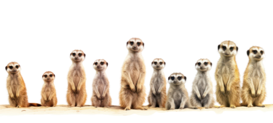 Collection of funny cute crazy laughing lying, jumping, standing, sitting meercat (suricata suricatta), isolated on transparent background.