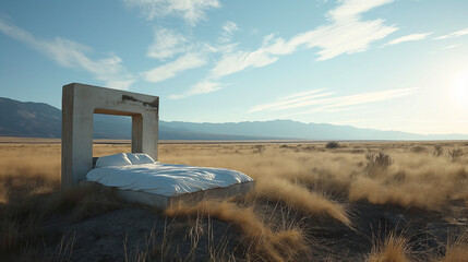 Minimalist Siesta, Bed with Concrete Frame, Sparse Desert, Clear Sky Daylight. - obrazy, fototapety, plakaty