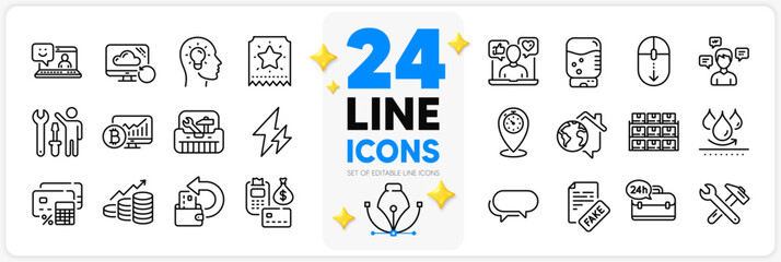 Icons set of Messenger, Growth chart and Loyalty ticket line icons pack for app with 24h service, Toolbox, Spanner tool thin outline icon. Timer, Cash back, Idea head pictogram. Vector