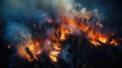 Aerial photography at high altitude of a fire in a forest