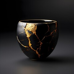 A pottery cup isolated in dark. kintsugi