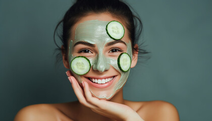 happy smiling woman with cucumber mask