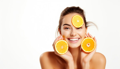 happy smiling woman applying orange vitamin c facial serum mask on face