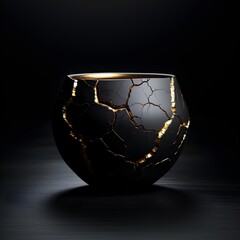 A pottery cup isolated in dark. kintsugi