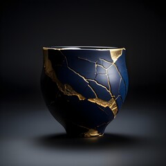 A pottery cup isolated in dark. kintsugi
