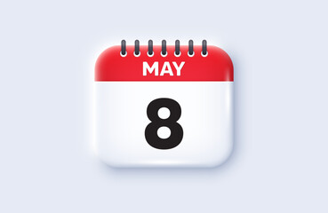 Calendar date 3d icon. 8th day of the month icon. Event schedule date. Meeting appointment time. 8th day of May month. Calendar event reminder date. Vector