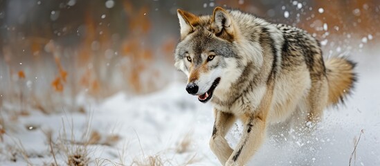 Captive grey wolf running in snowy field during winter.