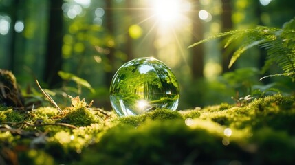 Crystal glass globe In Green Forest With a sunlight of beautiful sunrise, Environment Concept, low angle shot, copy space on the left side, smooth light, real photography fujifilm superia, full HD, - obrazy, fototapety, plakaty