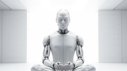 Extremely closed up, humanoid robot is doing meditation, the dynamic perspective of calming, front symmetric view