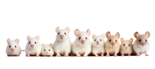 Collection of funny cute lying, sitting white mouse (mus) family with baby, isolated on transparent background