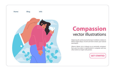 Compassionate communication web or landing. Sharing kindness digitally and connecting hearts across screens. Flat vector illustration.