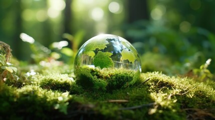 Obraz na płótnie Canvas Globe On Moss In Forest - Environmental Concept 