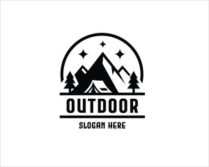 outdoor adventure logo. mountain, fire silhouette badge. camping and hiking logo design