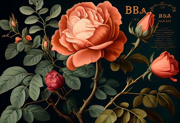 Old illustration of Rosa alba regalis. Created by P. R. Redoute, published on Les Roses, Imp. Firmin Didot, Paris, 1817-24. Generative AI - obrazy, fototapety, plakaty