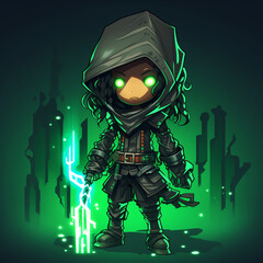 apocalyptic illustration, green energy swirl, caped hero holding his weapon of choice 