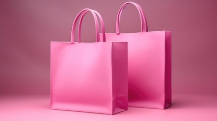 Mock up pink shopping bags on pink background, hyper-realistic, high quality photo realistic, contrasting colors,8k,highly detailed photography, real photo, photography 