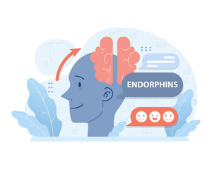 Brain's joy journey. Highlighting the release of endorphins, the feel-good chemicals, this illustration visualizes the connection between positive stimuli and a happy mood. Happiness in neuroscience