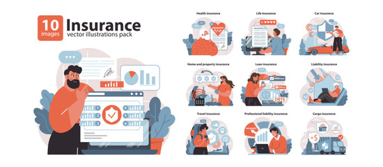 Insurance set. Comprehensive coverage options for life, health, home, and travel. Safeguarding assets against uncertainties. Essential financial planning tools demonstrated. Flat vector illustration. - obrazy, fototapety, plakaty