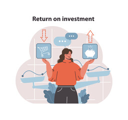 Return on investment concept. Woman balances shopping cart and piggy bank, visualizing growth and profit in e-commerce ventures. Digital marketing insights. Flat vector illustration