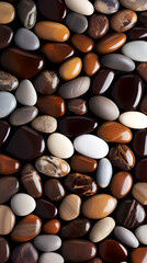 Diverse polished chocolate stones, a rich tapestry of edible textures. Smooth chocolate pebbles, an array of creams and browns for a luxury mix. Variety of chocolates resembling river-washed stones