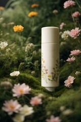 white talcum powder plastic bottle on a nature grass background for mockup design