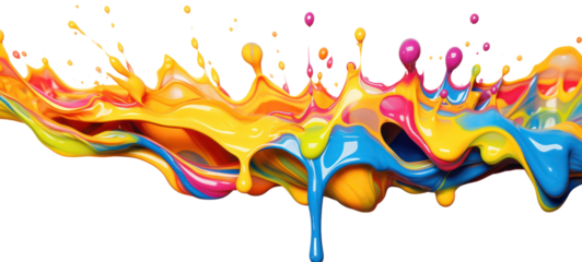 Colorful rainbow color acrylic paint flowing down over white background, dripping colorful liquid on transparent background.