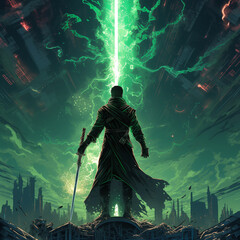 apocalyptic illustration, green energy lighting, caped hero holding his weapon of choice 