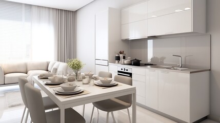 Fototapeta premium Ultra high quality modern elegant white interior , small kitchen with dinning area, with minimalist design , white wall , with beautiful modern furniture 
