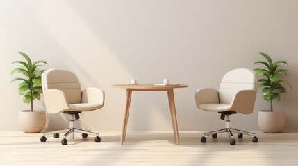 Two desk chairs on wheels, focus and highlight the chair, camera looking above chairs, high ceiling, spacious, round table in the middle, in the style of photorealistic renderings, 