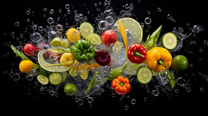 Vegetables pictures in style of kaleidoscope art on black background. Elegant art of vegetables. 